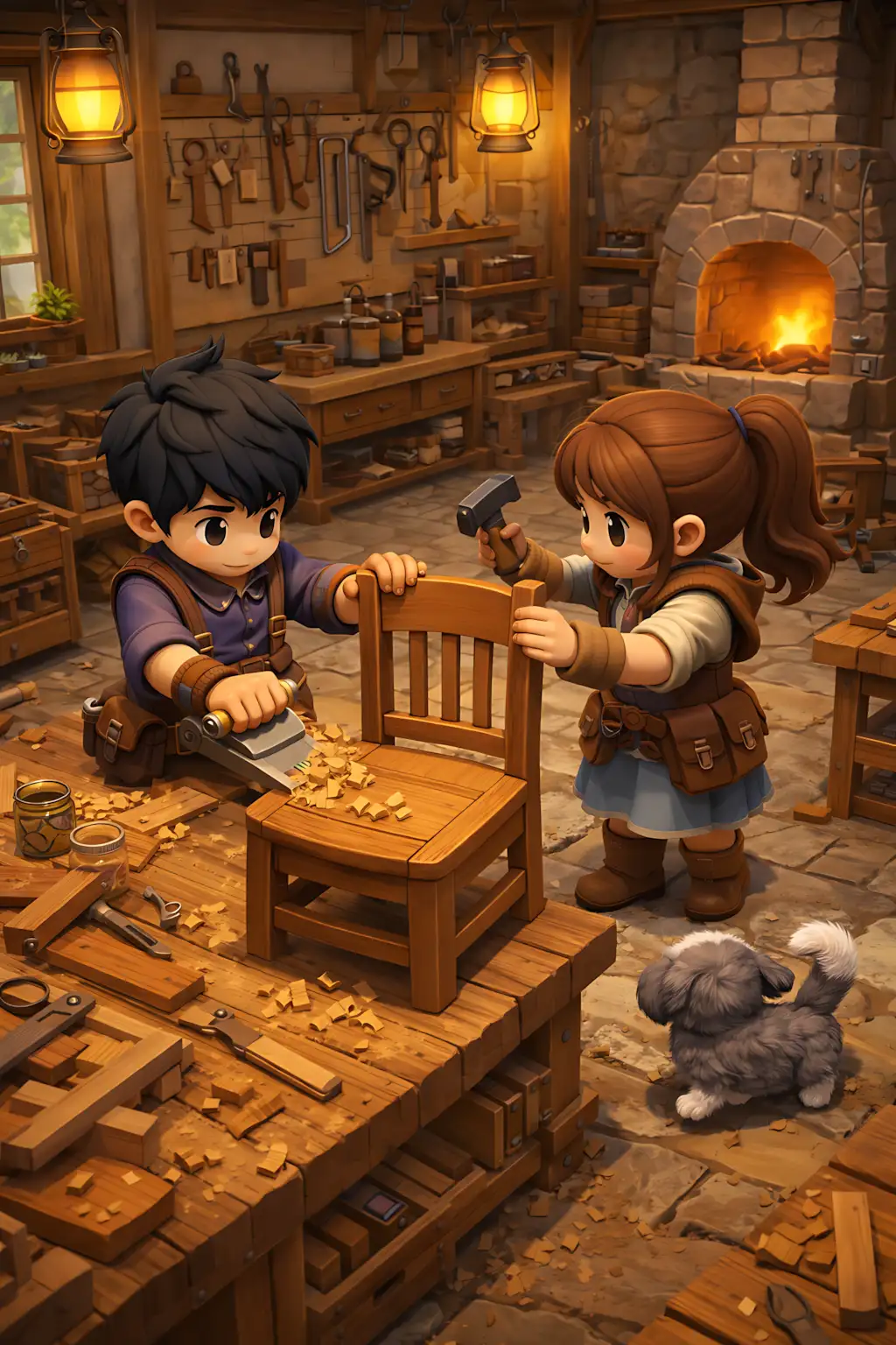 Concept art of a crafting interaction scene