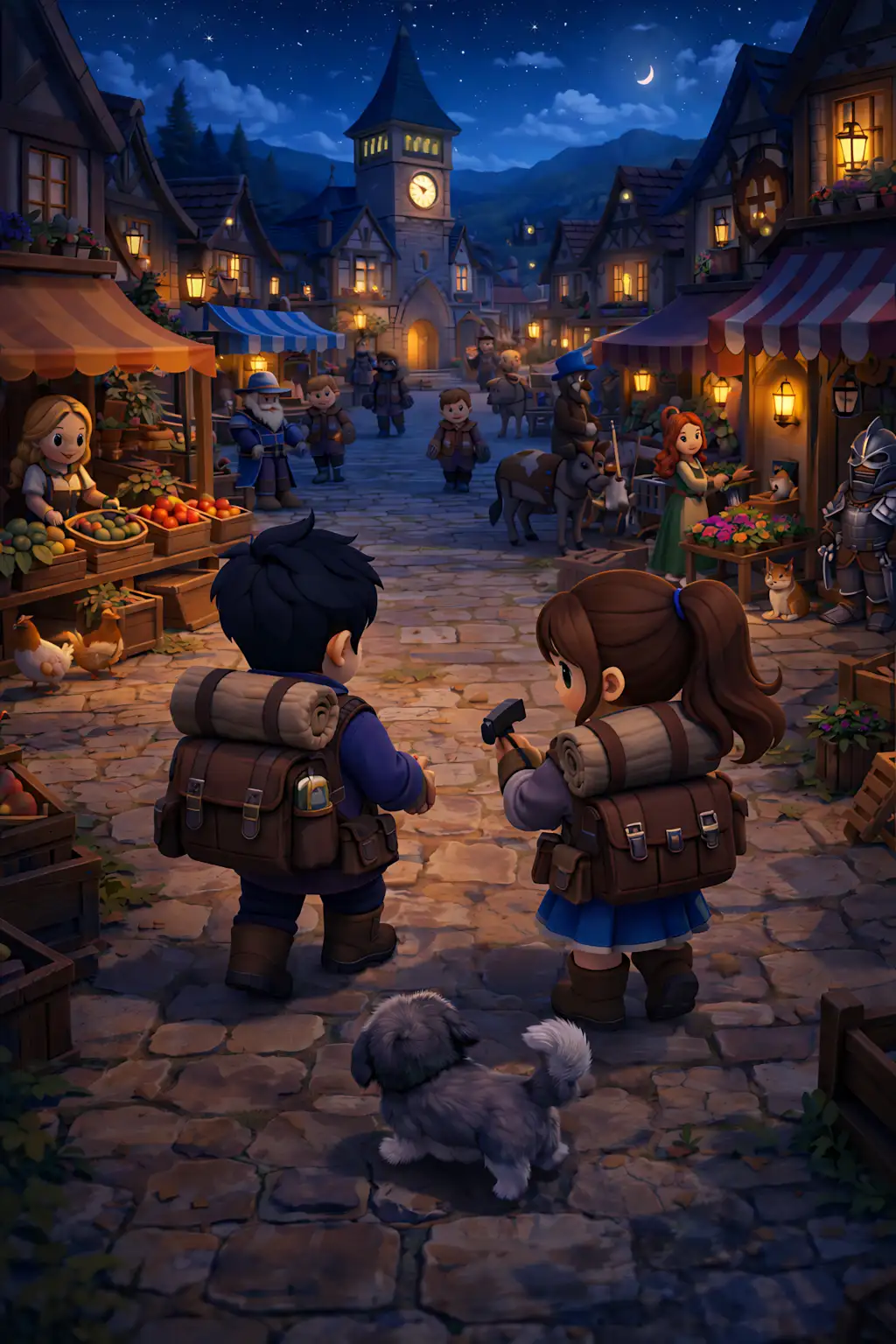 Concept art of village UI and character interactions